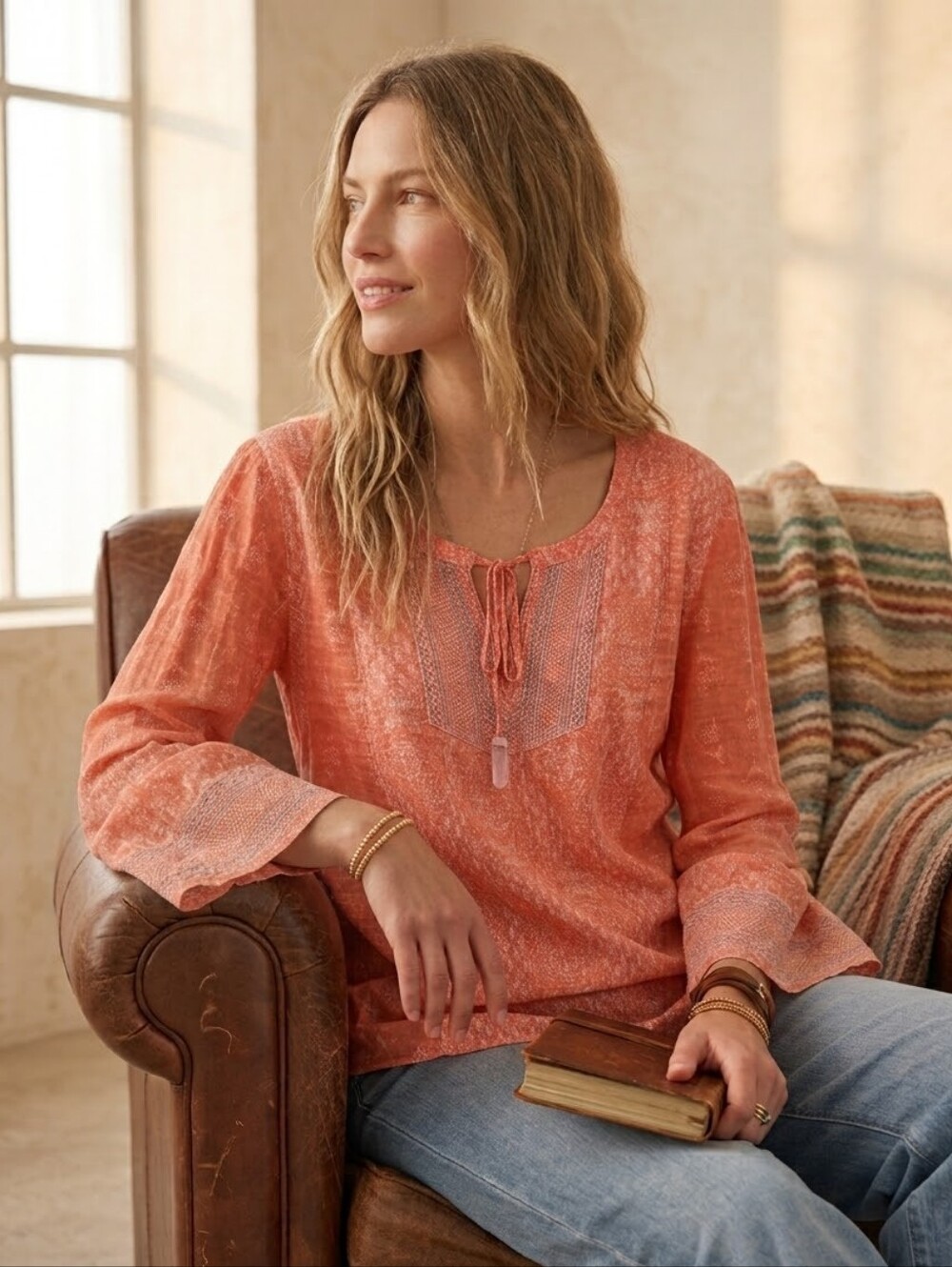 Passport Boho Peasant Tunic Top M Coral Orange Floral Paisley Gauze Tassel
